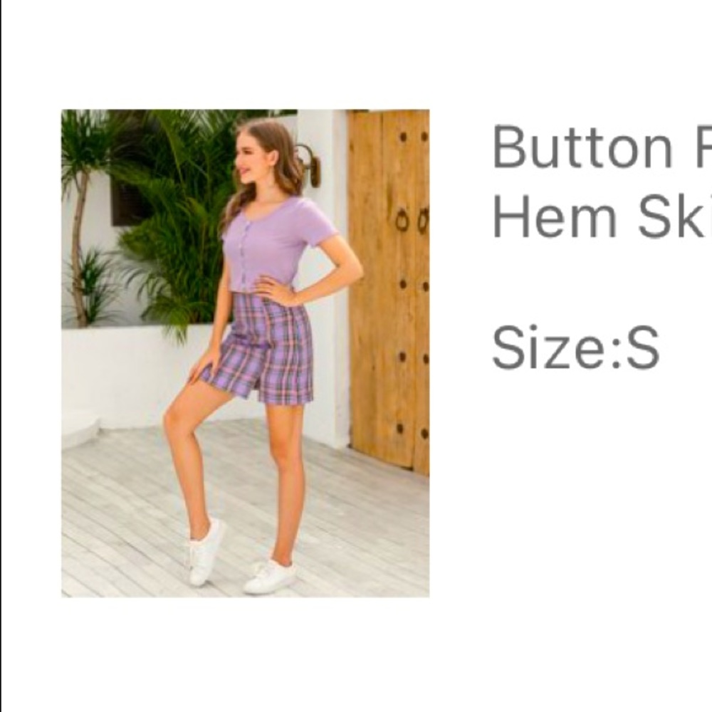 Button Front Ribbed Tee & Tartan Slit Hem Skirt